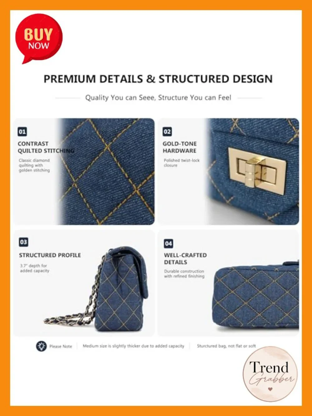 Quilted Denim Crossbody Bag with Chain Strap, Double Flap Purse, Gold Hardware,